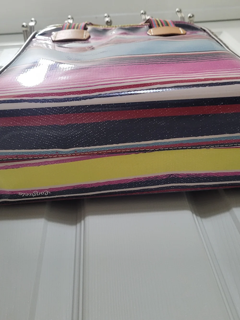 CONSUELA Striped Pink & Blue Tote Bag with Leopard Side Panel